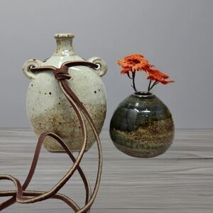 Pottery Handmade Vintage Japenese Small & Medium Vases Tan-leather Tie & Green